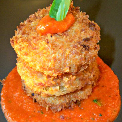Fried green tomatoes with goat cheese