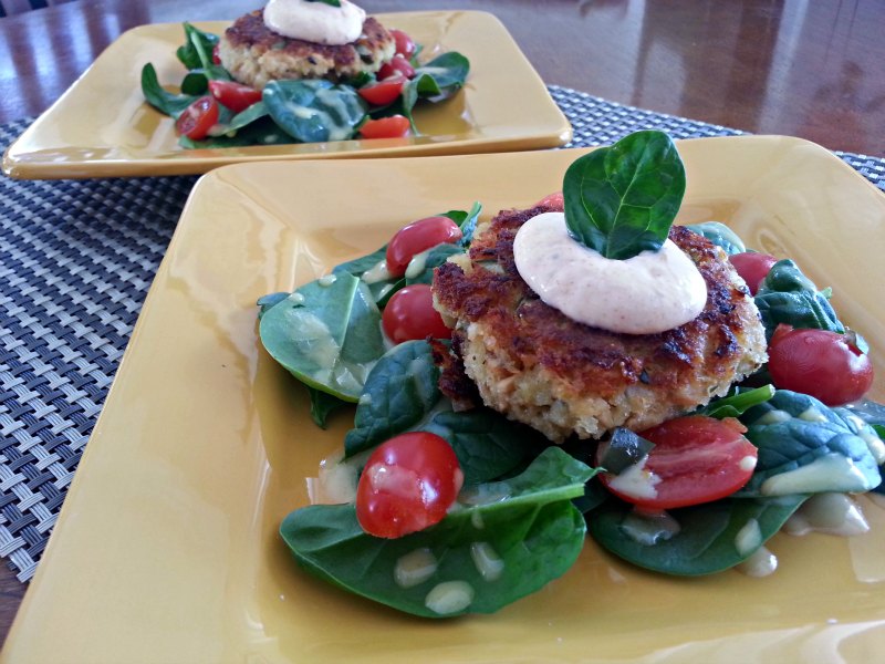 Salmon Patties with Spicy Remoulade and Spinach Salad