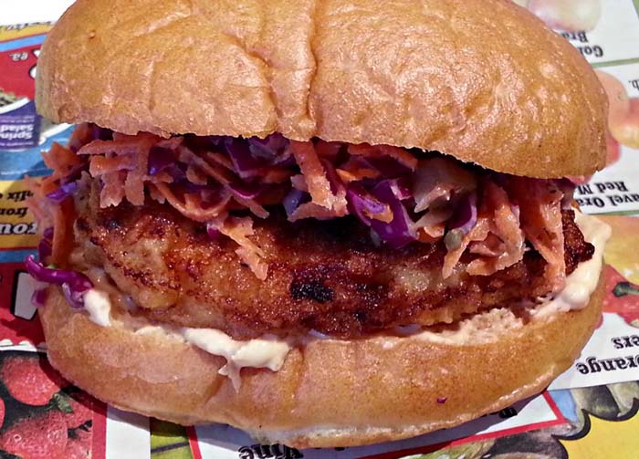 Crispy Buttermilk Fried Chicken Sandwich with Spicy Pickle Slaw and Sriracha Aioli