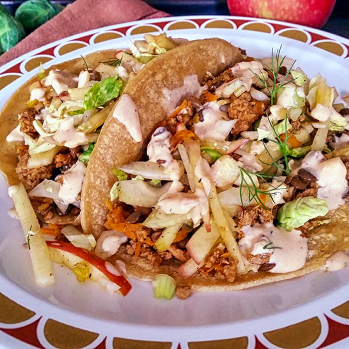 Turkey and Lentil Tacos with Apple Fennel Slaw and Honey Chipotle Aioli