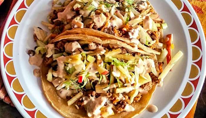 Turkey and Lentil Tacos with Apple Fennel Slaw and Honey Chipotle Aioli