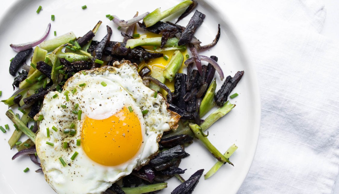 Broccoli Stem and Purple Potato Hash