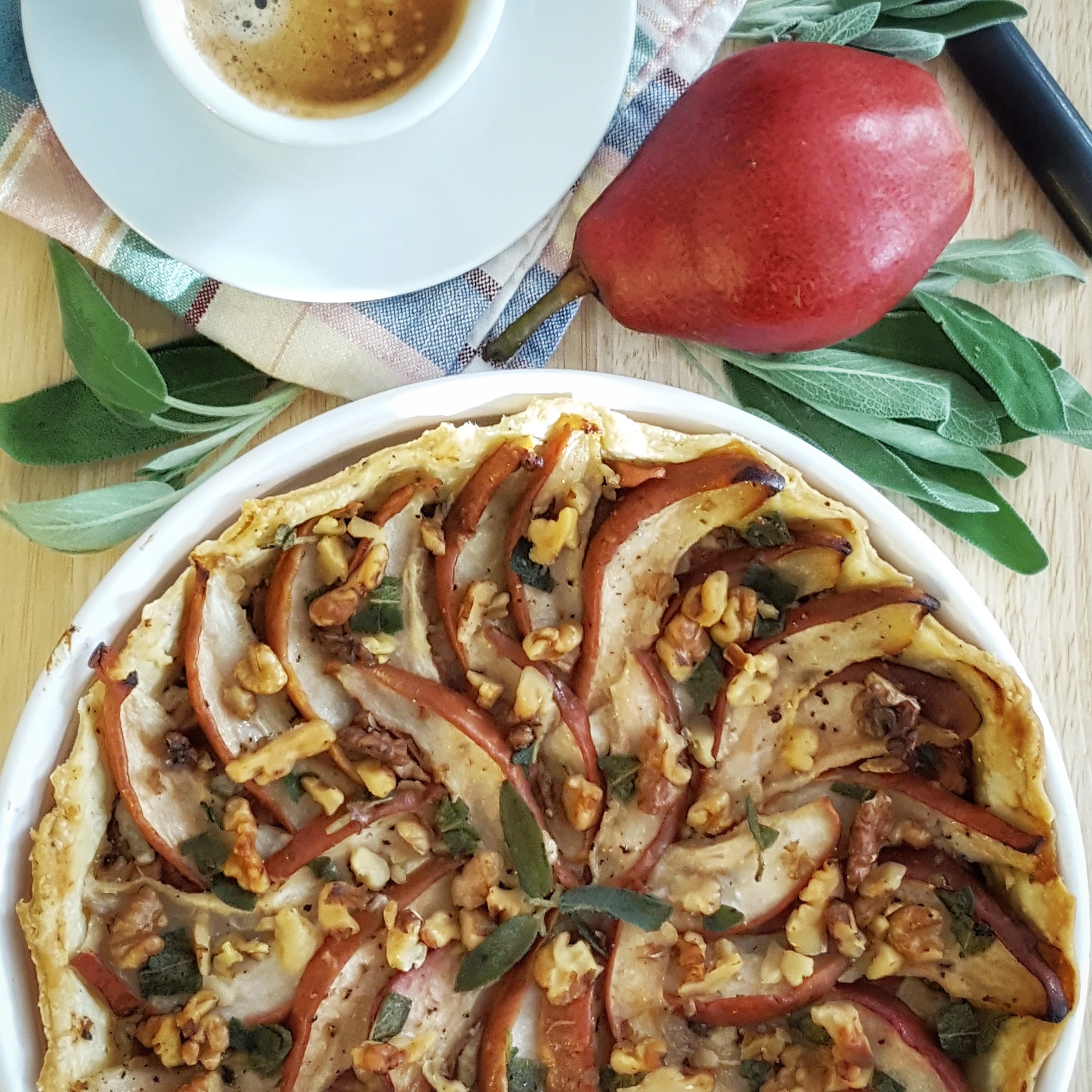 Pear and Blue Cheese Tart with Carmelized Onions, Prosciutto and Sage