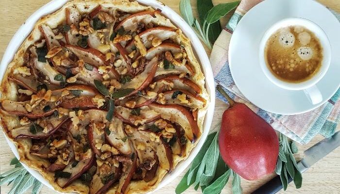 Easy Savory Pear and Blue Cheese Tart with Caramelized Onions, Prosciutto and Sage
