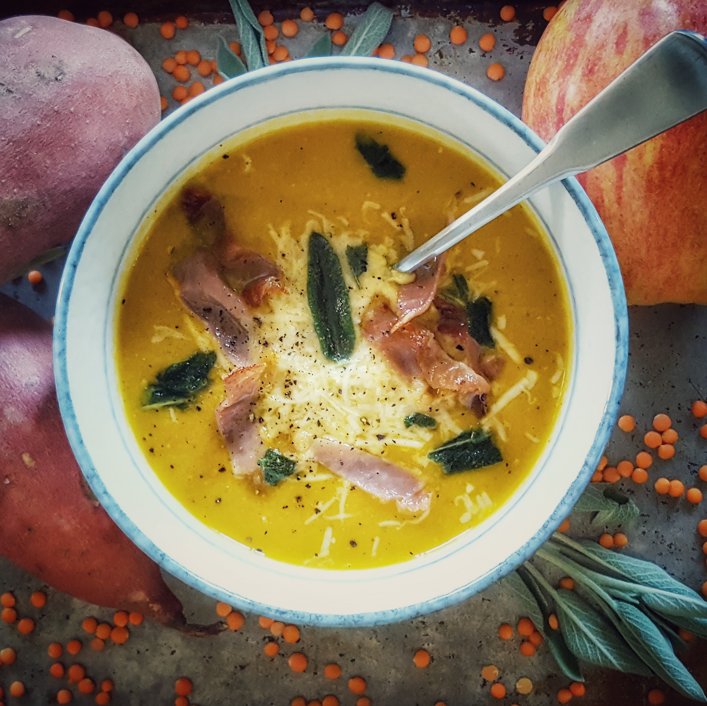 Sweet Potato, Apple and Red Lentil with Fresh Herbs Fall Soup