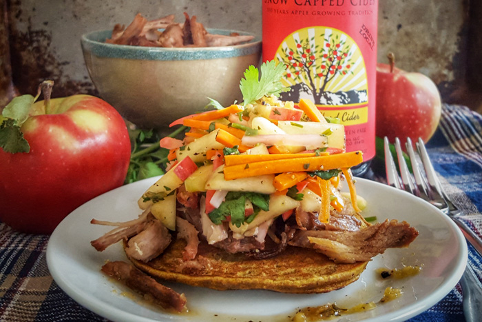 Roasted Pork with Apple, Carrot and Jalapeno Slaw and Hard Cider Drizzle on Winter Squash Pancakes