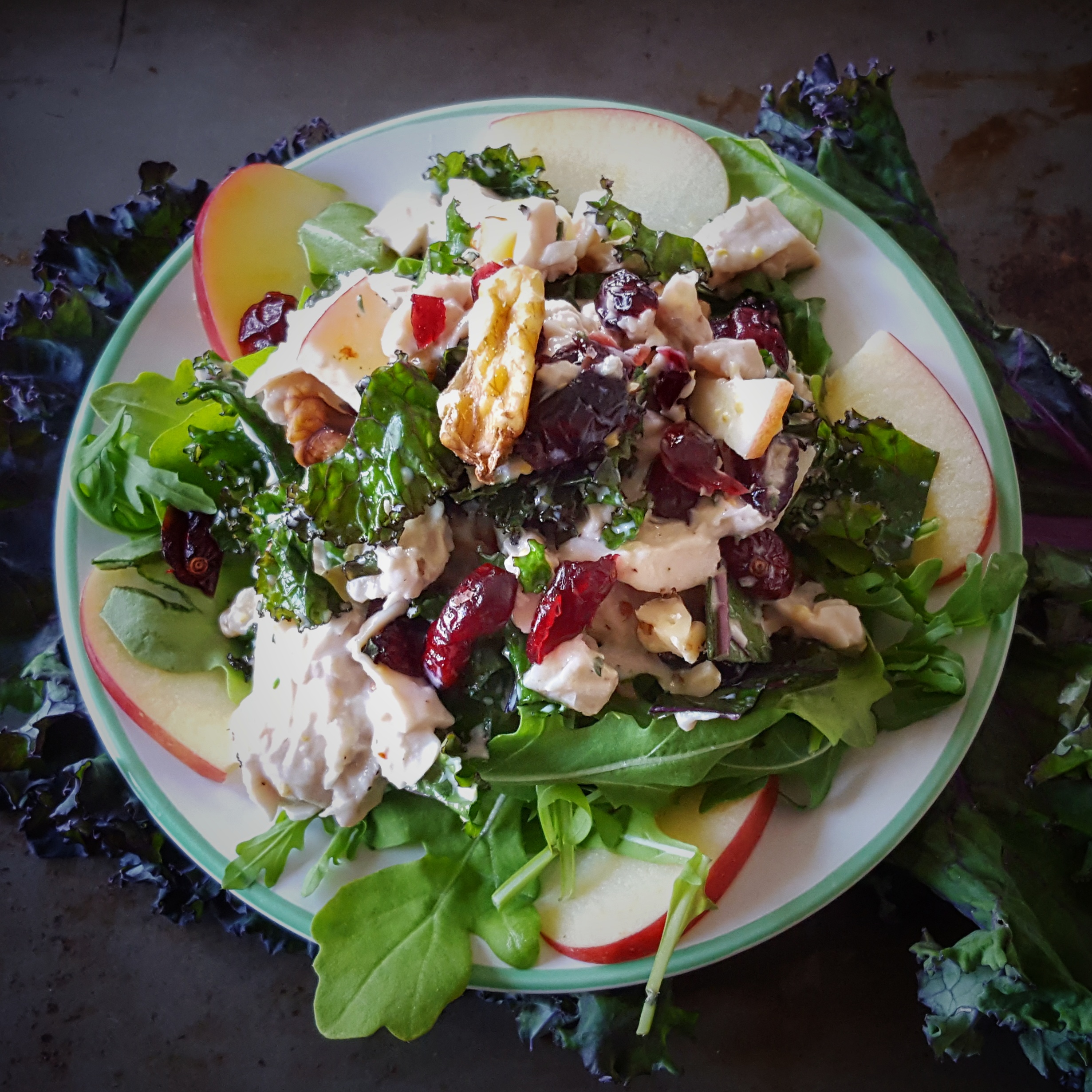 Fall Turkey Salad with Cranberries, Apple, Kale and Walnuts