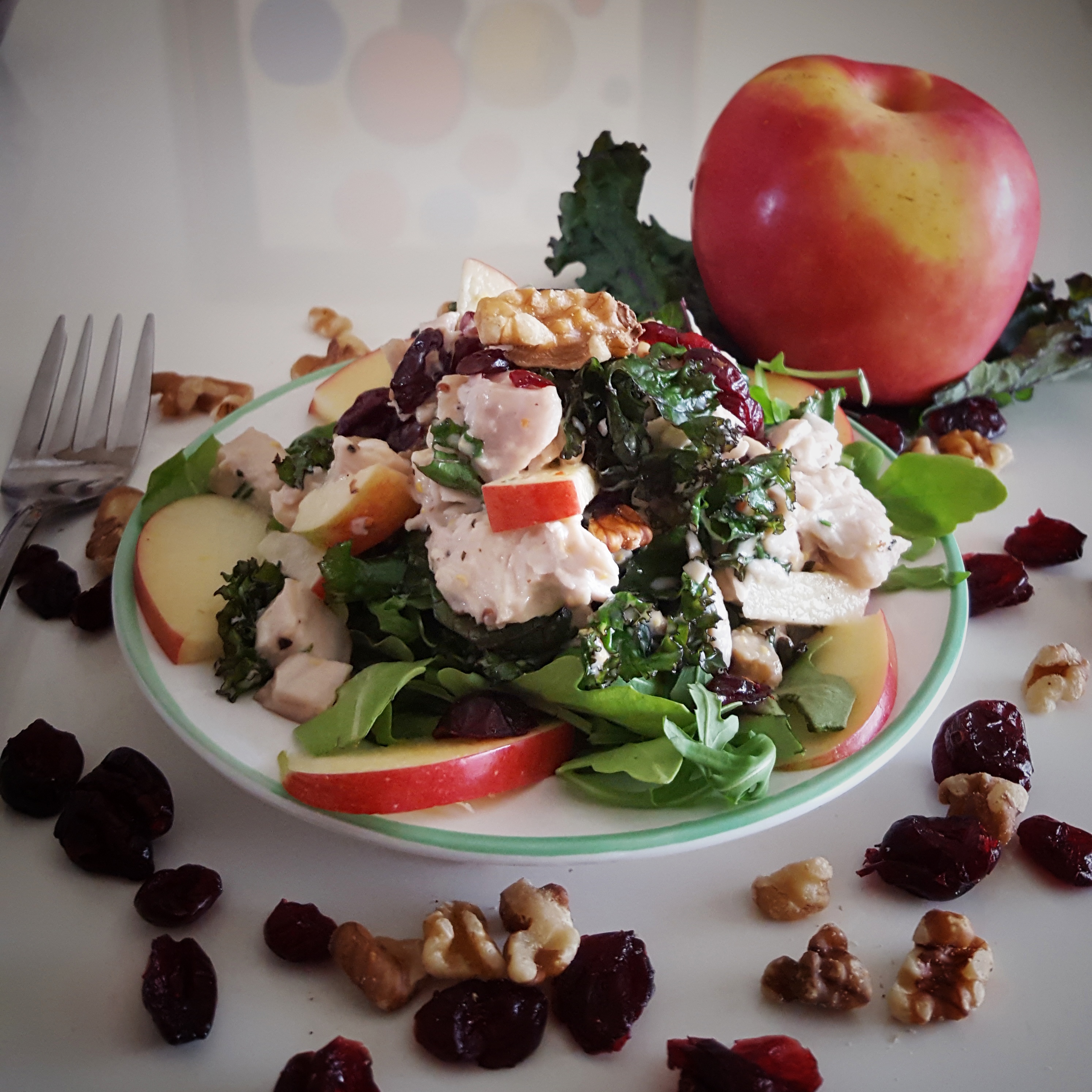 Fall Turkey Salad with Cranberries, Apple, Kale and Walnuts
