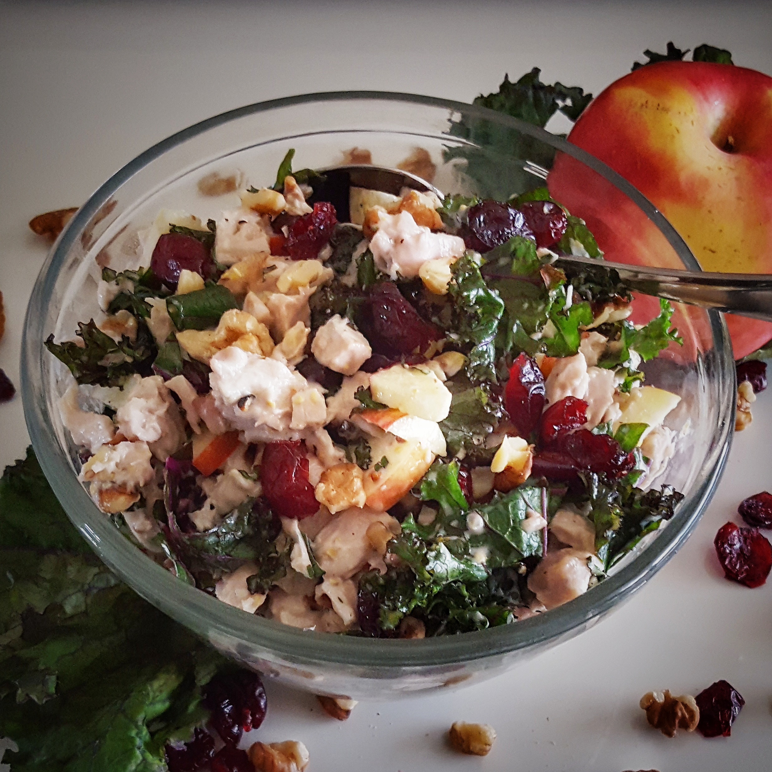 Fall Turkey Salad with Cranberries, Apple, Kale and Walnuts
