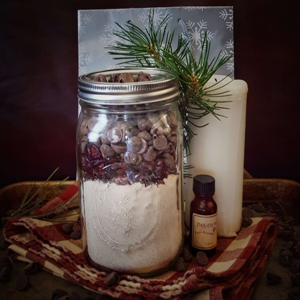 Chocolate cranberry biscotti foodie gift kit arranged in a mason jar