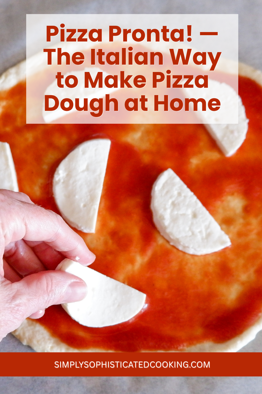 Hands laying mozzarella on smooth elastic Italian pizza dough on semolina-dusted wooden surface — homemade authentic Italian pizza dough