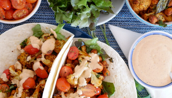 Moroccan Spiced Roasted Cauliflower and Chickpea Wraps (Vegan Option)