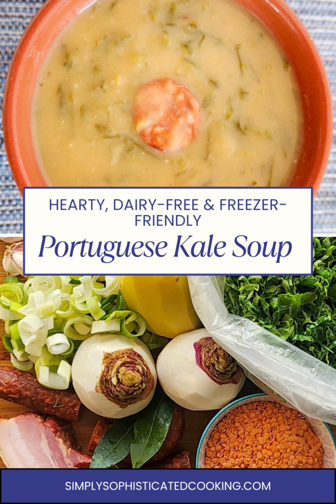 Slices of spicy Portuguese chouriço browning in heavy pot — Portuguese kale soup caldo verde recipe