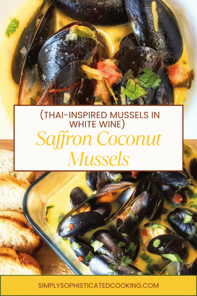 Close-up of open mussels in coconut milk in golden Thai-inspired broth with fresh cilantro — 40 minute mussels recipe