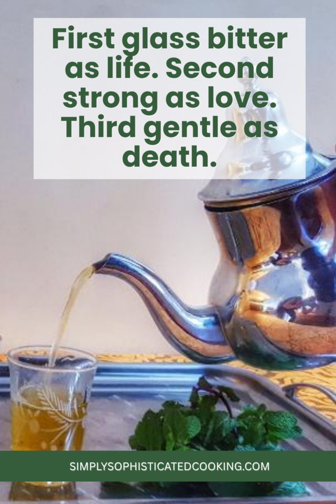 Moroccan three-glass proverb text graphic over silver teapot and tea glasses — Moroccan mint tea atay tradition