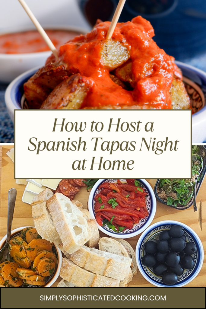 A full Spanish tapas recipes spread with patatas bravas, tuna, olives, cheese, and wine on a table