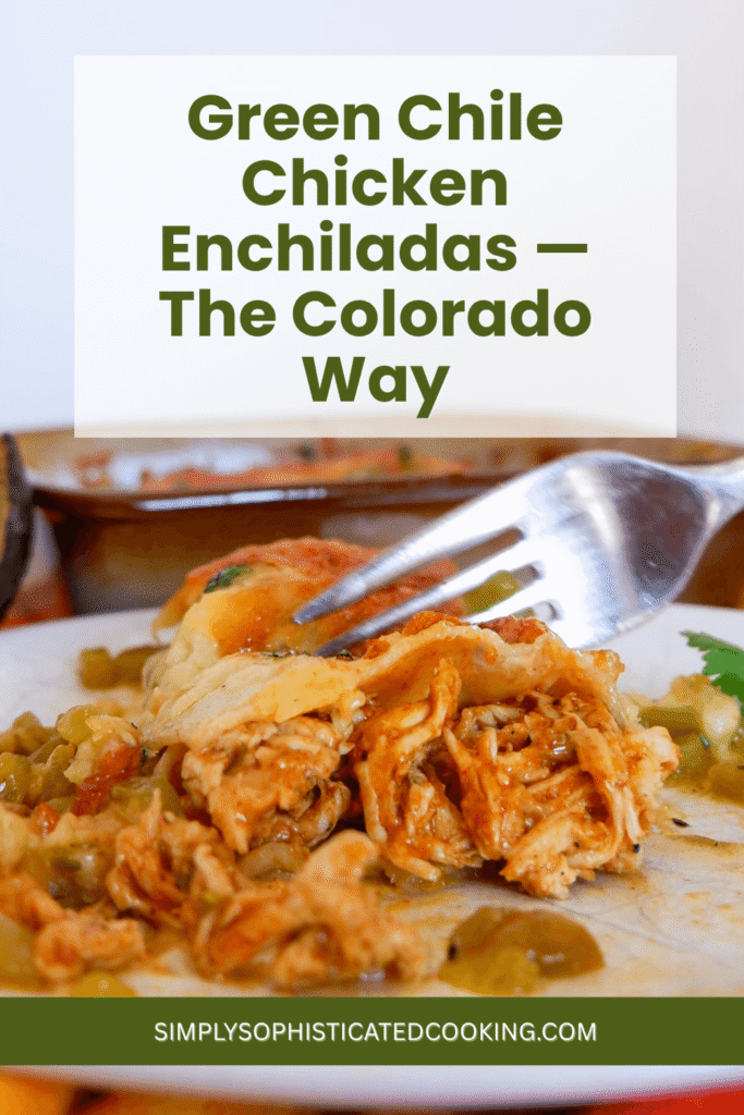 Plated green chile chicken enchiladas topped with avocado crema, salsa, and fresh cilantro. Pin for later.