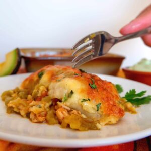 Plated green chile chicken enchiladas topped with avocado crema, salsa, and fresh cilantro