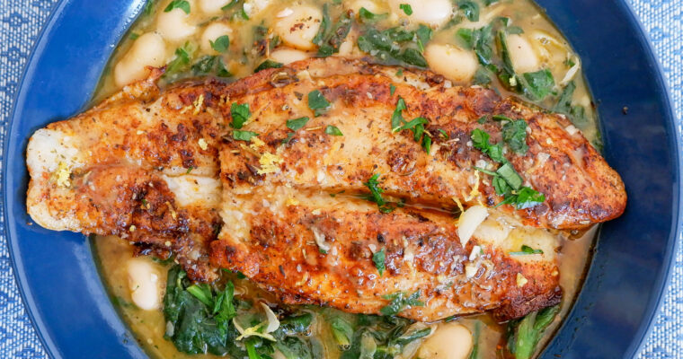 Smoky Mediterranean Seared Fish with Butter Beans and Spinach
