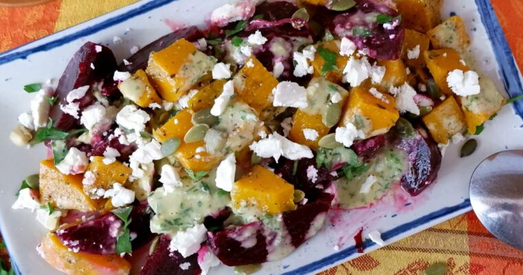 Roasted Beet Salad with Butternut Squash, Feta, and Lime Dijon Vinaigrette