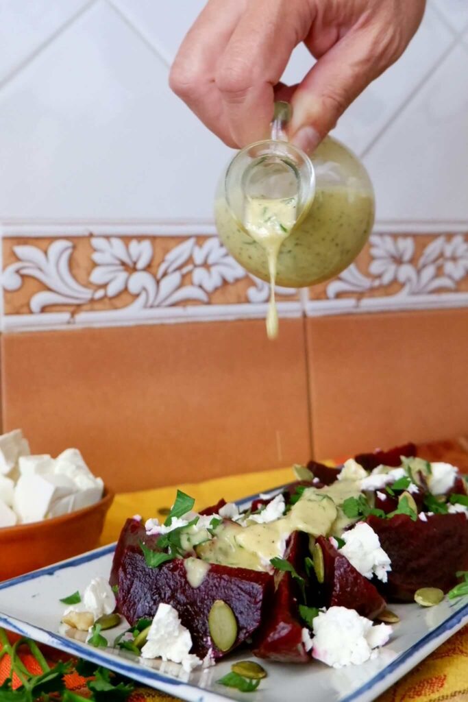 Beets-only version of roasted beet salad with feta, parsley, and pumpkin seeds